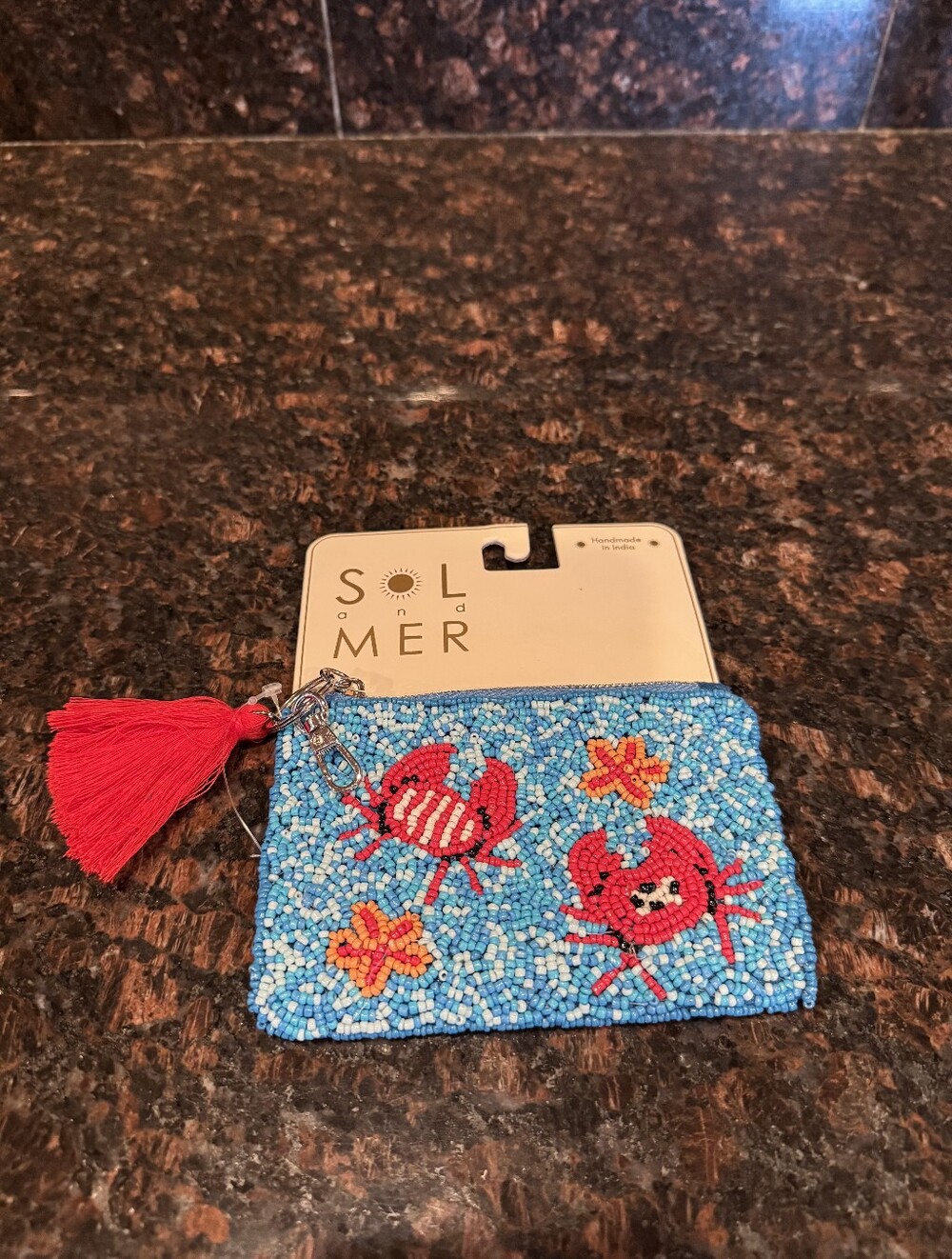 Sol & Mer Blue Beaded Crab Card Holder with Red Tassel Coin Pouch